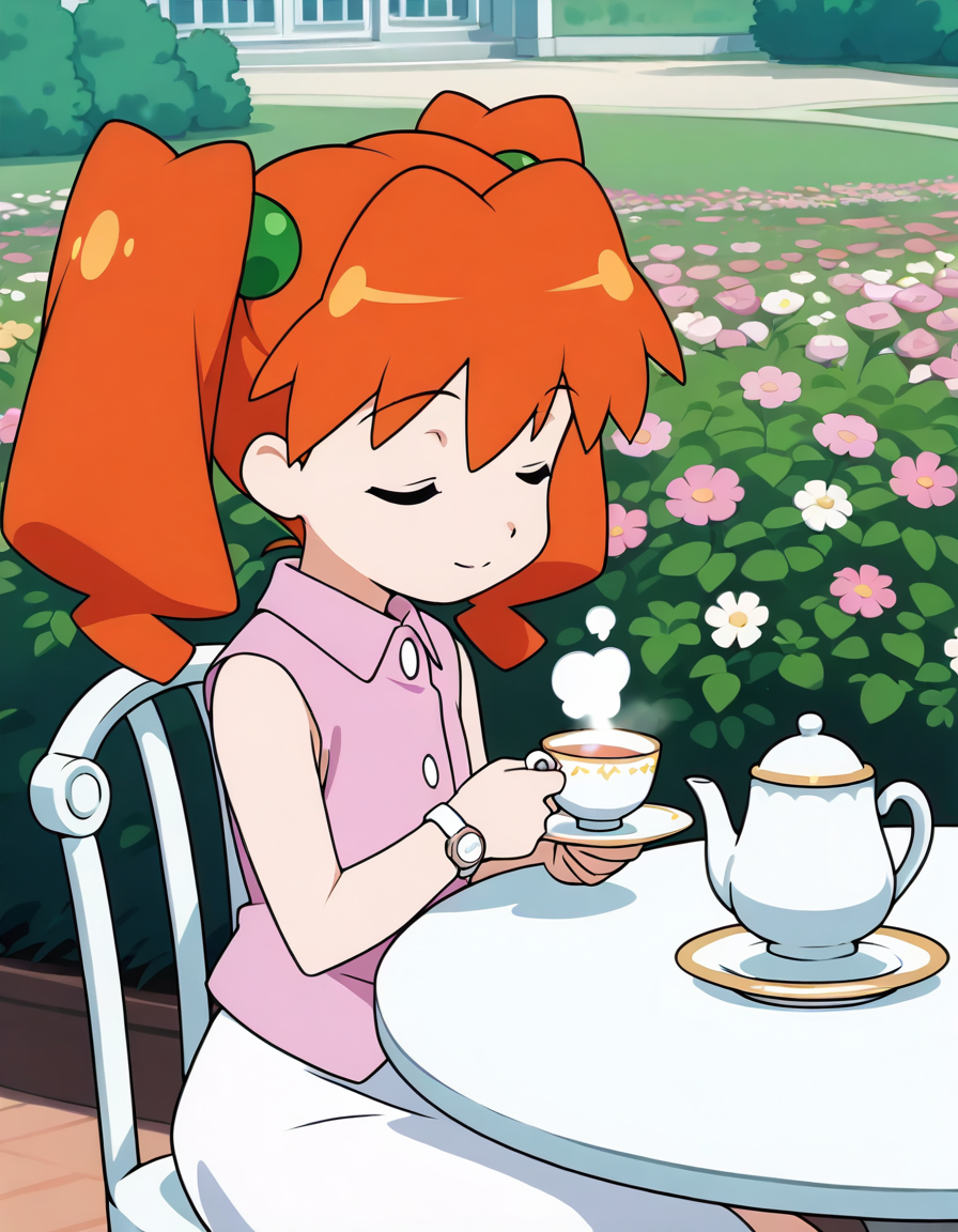 (masterpiece:1.4), (best quality:1.4), very aesthetic,illustration, newest,best quality, amazing quality, very aesthetic, absurdres, 
1 girl,karin_jyunmai,
,twintails, orange hair,female child
pink vest,sleeveless,white skirt,wristwatch,anime screenshot,official art 
 <lora:karin_jyunmai_v4:1>
upper body,sitting on chair,flower garden,day,teatime,holding teacup,holding saucer,steam
teapot,white table,white chair,antique
smile,closed eyes,