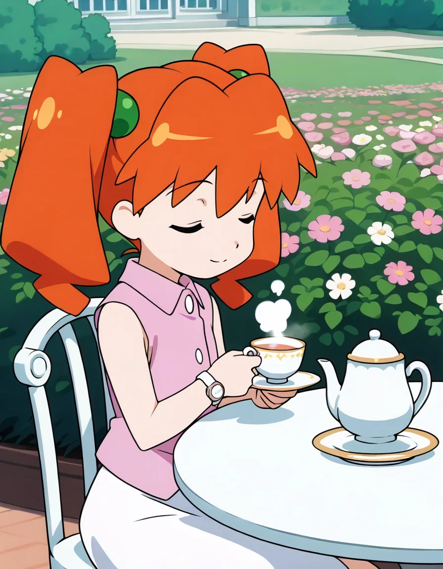 (masterpiece:1.4), (best quality:1.4), very aesthetic,illustration, newest,best quality, amazing quality, very aesthetic, absurdres, 
1 girl,karin_jyunmai,
,twintails, orange hair,female child
pink vest,sleeveless,white skirt,wristwatch,anime screenshot,official art 
 <lora:karin_jyunmai_v4:1>
upper body,sitting on chair,flower garden,day,teatime,holding teacup,holding saucer,steam
teapot,white table,white chair,antique
smile,closed eyes,