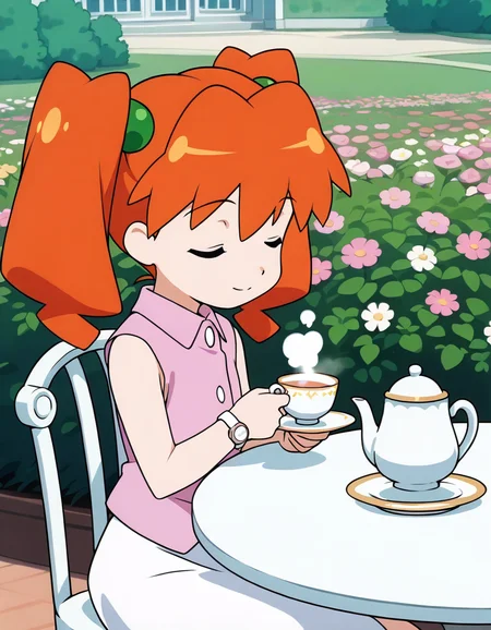 (masterpiece:1.4), (best quality:1.4), very aesthetic,illustration, newest,best quality, amazing quality, very aesthetic, absurdres, 
1 girl,karin_jyunmai,
,twintails, orange hair,female child
pink vest,sleeveless,white skirt,wristwatch,anime screenshot,official art 
 <lora:karin_jyunmai_v4:1>
upper body,sitting on chair,flower garden,day,teatime,holding teacup,holding saucer,steam
teapot,white table,white chair,antique
smile,closed eyes,