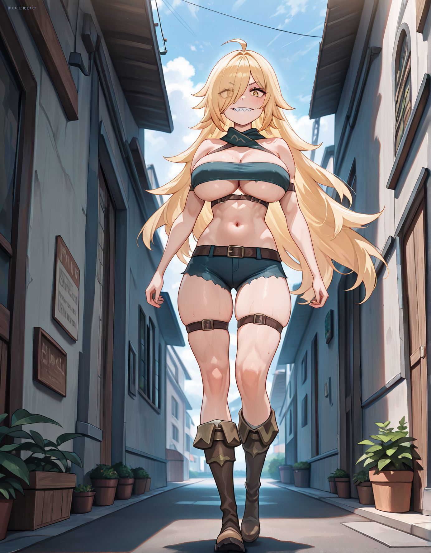masterpiece,best quality,amazing quality,very aesthetic,absurdres,newest, huge filesize,
<lora:spo_sdxl_10ep_4k-data_lora_webui:0.5>,
<lora:add-detail-xl:1>
 <lora:Beheneko:1>Beheneko_V1,
b_ Stella,
1girl,
solo,
blonde hair,
long hair,
breasts,bare shoulders, 
boots,standing, ahoge, 
large breasts,sharp teeth, 
yellow eyes, boots, navel, outdoors,