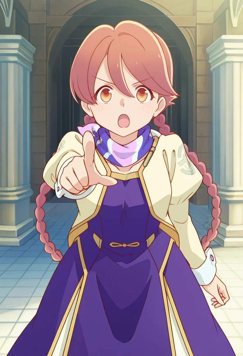 <lora:Yachiyo_illustrious-000028:1>,
Yachiyo,solo,braid,open mouth,twin braids,dress,scarf,looking at viewer,pointing