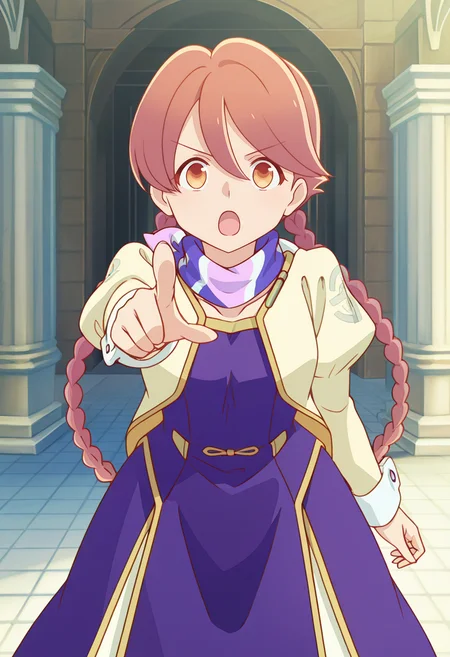 <lora:Yachiyo_illustrious-000028:1>,
Yachiyo,solo,braid,open mouth,twin braids,dress,scarf,looking at viewer,pointing