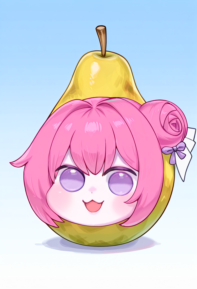 masterpiece, high quality, absurdres, pearto, doro, :3, chibi, no pupils, solid circle eyes, dorothy \(nikke\), pink hair, purple eyes, single side bun, hair bow, white skin, food, fruit, looking at viewer, smile, open mouth, objectification, head only,  disembodied head, <lora:pearto:1> <lora:doro_xypher_ixl_v1:1>