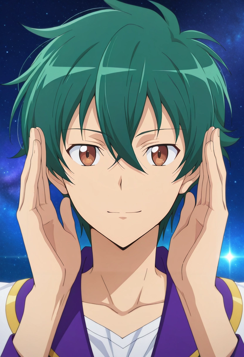 masterpiece, best quality, , anime screencap, anime coloring, official style, looking at viewer, 1boy, solo, male focus, <lora:sadao_maou_ilxl:0.92>, sadao_maou, green hair, brown eyes, s2, short hair, hair between eyes, star garden, space flowers, stellar paths, viewing domes, tending pose, serene expression, starlight,