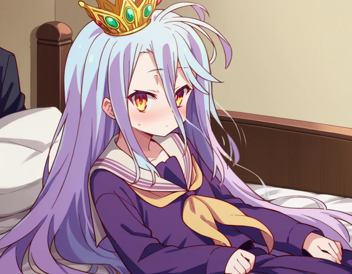 score_9, score_8_up, score_7_up, source_anime,
ngnlshiro, <lora:ngnl-shiro-s1-ponyxl-lora-nochekaiser:1>
shiro, long hair, hair between eyes, very long hair, white hair, messy hair, yellow eyes,
crown, shirt, long sleeves, school uniform, serafuku, sailor collar, neckerchief, white sailor collar, yellow neckerchief,
indoors, bed, bed room, on side, blush, drunk,
looking at viewer, dutch angle, cowboy shot