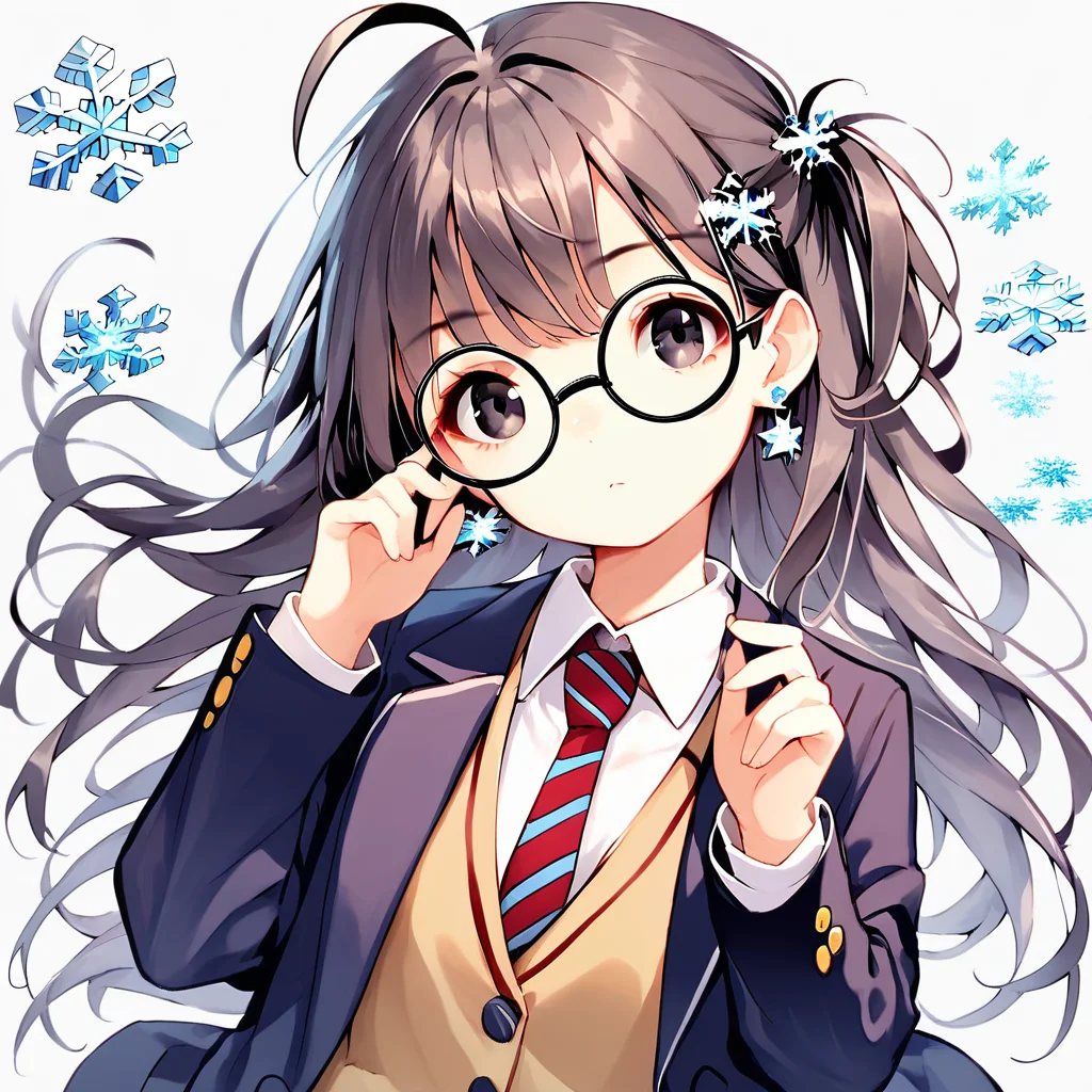 score_9, score_8_up, score_7_up, rachel,1girl, original costume, long_hair, necktie, glasses, jacket, u hair_ornament, black_hair, shirt, white_shirt, hand_up, snowflake_hair_ornament, white_background, black-framed_eyewear, simple_background, school_uniform, star_(symbol), blazer, long_sleeves, collared_shirt, bangs, black_eyes, jewelry, open_clothes, earrings, open_jacket, one_side_up, striped, head_tilt, striped_necktie, black_jacket, round_eyewear, ahoge, vest, star_hair_ornament