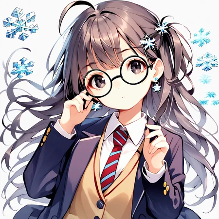 score_9, score_8_up, score_7_up, rachel,1girl, original costume, long_hair, necktie, glasses, jacket, u hair_ornament, black_hair, shirt, white_shirt, hand_up, snowflake_hair_ornament, white_background, black-framed_eyewear, simple_background, school_uniform, star_(symbol), blazer, long_sleeves, collared_shirt, bangs, black_eyes, jewelry, open_clothes, earrings, open_jacket, one_side_up, striped, head_tilt, striped_necktie, black_jacket, round_eyewear, ahoge, vest, star_hair_ornament