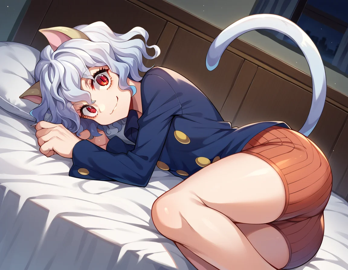 score_9, score_8_up, score_7_up, source_anime,
neferpitou, <lora:neferpitou-ponyxl-lora-nochekaiser:1>,
neferpitou, short hair, red eyes, animal ears, tail, white hair, cat ears, cat tail, curly hair, smile,
long sleeves, shorts,
indoors, bed, bed room, on side,
looking at viewer, dutch angle, cowboy shot,