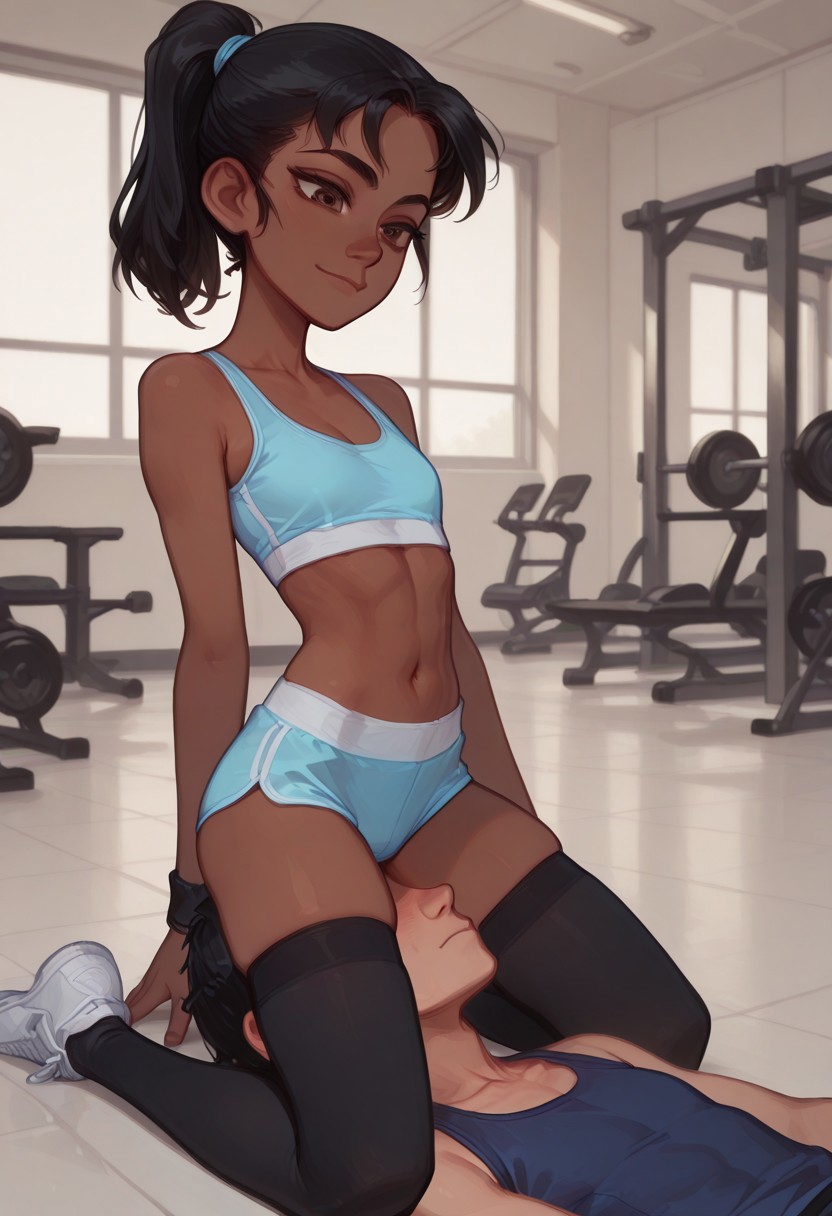 facesitting, femdom, two persons, gym, 1girl, black hair, brown eyes, medium length hair, high ponytail, dark skin, black legwear, blue sports bra, dominant female, skinny, skindentation, sitting on face, BREAK 1guy (faceless boy, short hair, submissive boy, casual outfit), feas0n