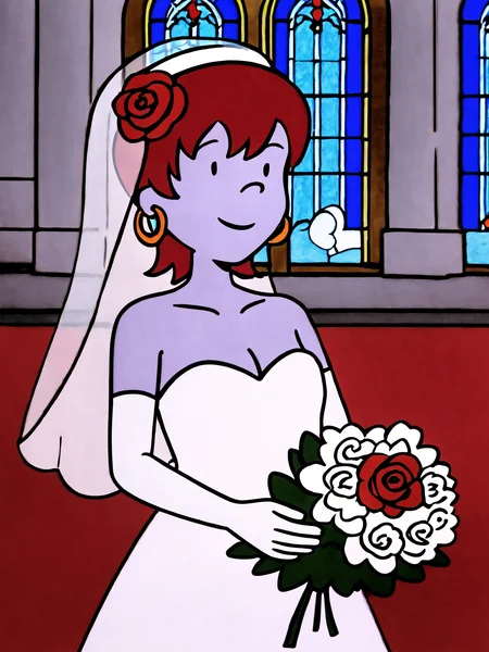 score_9, score_8_up, score_7_up, score_6_up, score_5_up, source_anime, masterpiece, high quality, BREAK, 1girl, <lora:Beebee_Bluff_PDXLv1:0.8> beebe bluff, hoop earrings, long hair, aged up, wide hips, adult figure, mature body, hair ornament, gloves, dress, holding, cleavage, hair between eyes, bare shoulders, collarbone, flower, elbow gloves, indoors, white gloves, hair flower, white dress, strapless, rose, red flower, veil, strapless dress, red rose, bouquet, wedding dress, bridal veil, holding bouquet, bride, stained glass, church, light smile,