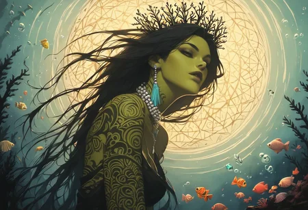 score_9, score_8_up, score_7_up, score_6_up, Expressiveh, ng_deepnegative_v1_75t, ElementWater, low angle looking up, dramatic pose, underwater ruins (collapsed, barnacles, coral, schools of fish, underwater lighting), 1 sexy female naga (nose (pinched, very small, eyes (wide set, huge, fish-like), sea-green skin, gills, hair (blue, green, very long, flowing, made of sea foam), seashell dress, branching coral crown, fan coral cowl, abalone jewelry, glowing fingers, tribal tattoos, seashell rings, black pearl necklace), sea is filled with fish, she gesticulates towards small globes of water, (globes: 1.5) flotsam, jetsam, AS-YoungestV2:2, best quality, three quarter shot picture, petite, innocent, small body, skinny, g0thicPXL, dark theme, low light, underlighting,