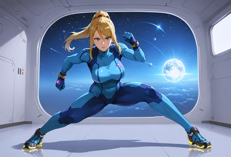 takeda hiromitsu style, source_anime, anime screencap, uncensored, dynamic angle, dynamic view, takeda hiromitsu style, dynamic pose, foreshortening, extreme perspective,
sole female, solo, 1girl, samus aran, blonde hair, swept bangs, long hair, ponytail, mole under left lip, turquoise eyes, zero suite, blue body suit, blue gloves, metal bracelets, sagging breasts, medium breasts, skintight, fully dressed, action pose, dynamic pose, determined, superhero landing, dynamic pose, holding gun, complex background, detailed background, inside giant spacecraft, outer space in window, multiple galaxies in the background, giant view of space, giant window with a view of space, view of planets, view of stars, depth of field, blurry background, volumetric lighting, back lighting, side lighting, 3 point lighting, reflective floor, glossy floor, reflective interior,
<lora:takeda_hiromitsu_style_xl_goofy:1.0>, <lora:DynamicPose_alpha1.0_rank4_noxattn_100steps:3.0>, <lora:Superhero_landing:0.5>
