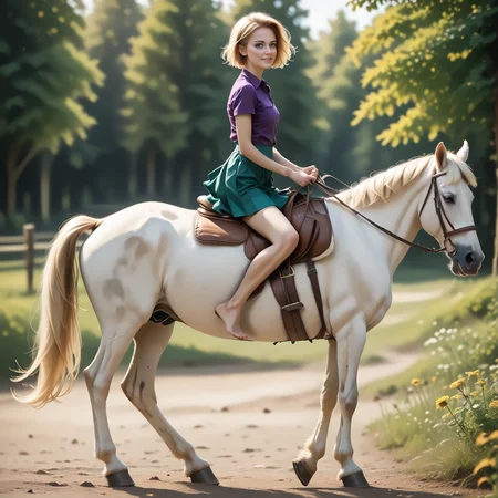 score_9, score_8_up, score_7_up, BREAK, RiHorse, side_view++ (slim 25yo female) riding a horse. The female wears green short skirt and purple shirt. The female has short blonde hair <lora:RideHorsePony:.8>