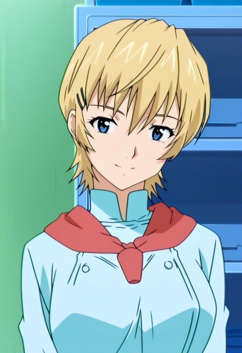 best quality, masterpiece, anime screencap, anime coloring, ultra detailed, source_anime, intricate details, perfect anatomy, 
sophie, 1girl, solo, blonde hair, short hair, blue eyes, looking at viewer, hairclip, locker, hair ornament, smile,