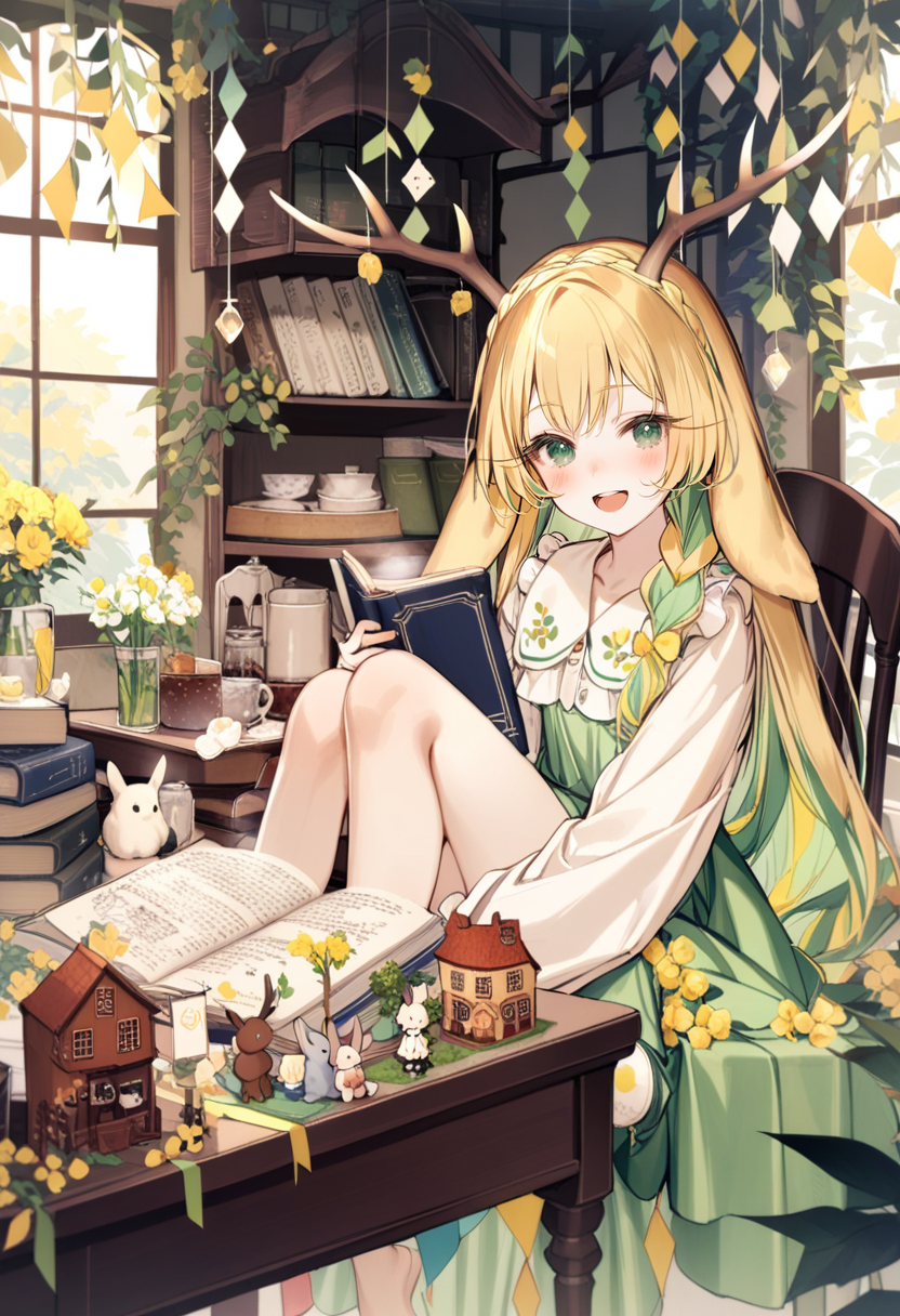 masterpiece, best quality, <lora:yoggiXL_ANI31_lokr_V43P1:0.95>  1girl, green eyes, book, animal ears, long hair, flower, solo, sitting, looking at viewer, smile, antlers, horns, open mouth, cup, blonde hair, holding, string of flags, white shirt, window, shirt, multicolored hair, chair, food, frills, knees up, deer ears, long sleeves, head tilt, very long hair, plant, :d, rabbit, green skirt, skirt, open book, book stack, dress, yellow flower, rabbit ears, indoors, deer antlers, table, tree, pennant, jar, white flower, braid, blush, green hair, stuffed toy, teapot, green dress, upper teeth only
