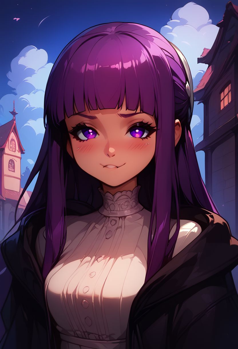 score_9, score_8_up, score_8, medium breasts, (curvy), cute, eyelashes, score_9, score_8_up, score_7_up, source_anime, 1girl, fern \(sousou no frieren\), large breasts, long hair, purple hair, blunt bangs, half updo, purple eyes, open robe, long dress, pout, puffy cheeks, looking at viewer, serious, blush, upper body, outdoors,  smile, blush,
night sky,