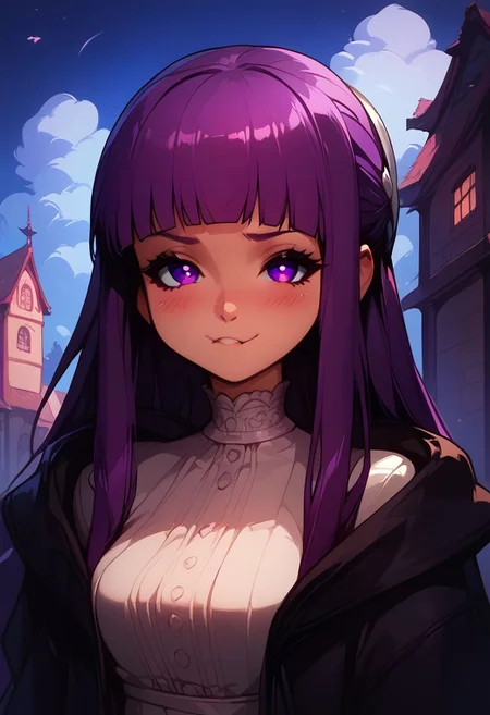 score_9, score_8_up, score_8, medium breasts, (curvy), cute, eyelashes, score_9, score_8_up, score_7_up, source_anime, 1girl, fern \(sousou no frieren\), large breasts, long hair, purple hair, blunt bangs, half updo, purple eyes, open robe, long dress, pout, puffy cheeks, looking at viewer, serious, blush, upper body, outdoors,  smile, blush,
night sky,