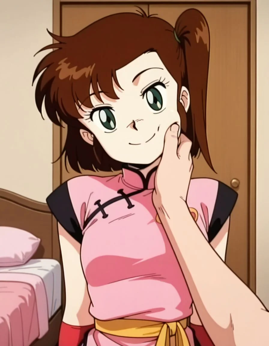 masterpiece, best quality, uncensored, arms at sides, (head tilt), upper body, happy, solo, bedroom,
<lora:Yan0:1>, Yan0, 1girl, short hair, brown hair, green eyes, pink china dress, pov cheek grabbing \(meme\),