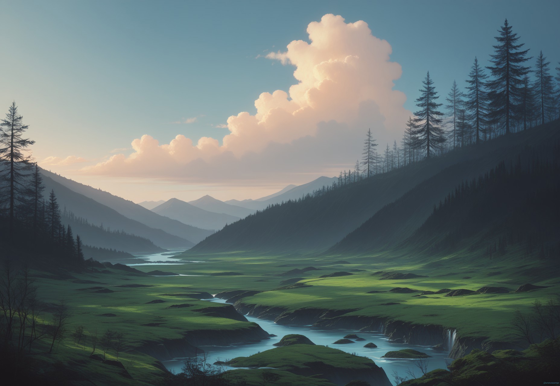 score_9, score_8_up, masterpiece, best quality, absurdres, highres, high quality, highly detailed, landscape photography, a gently sloping green hillside, bright blue sky with white wisps of cloud, evergreen trees, natural lighting, high contrast, vibrant color, arcane