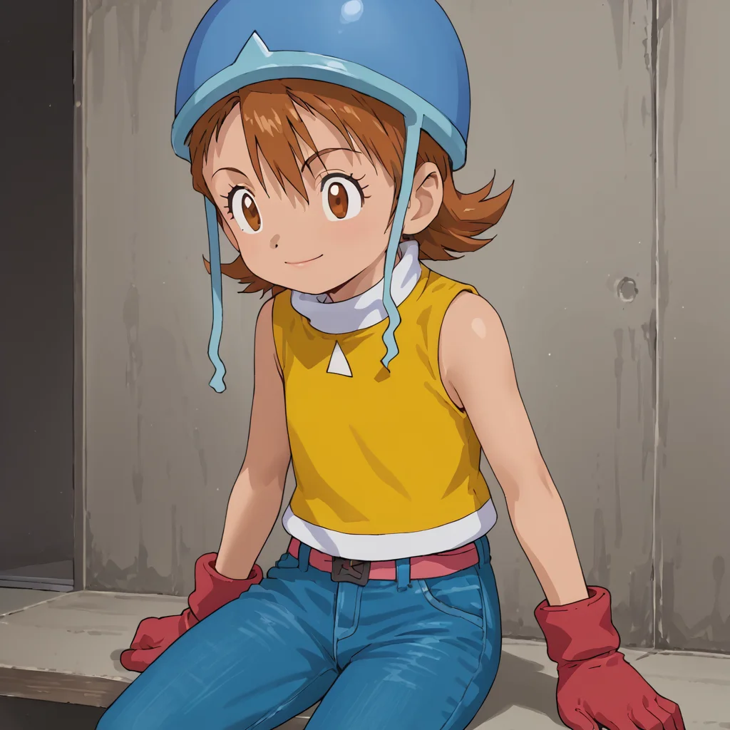 <lora:Sora_Takenouchi:1> soratakenouchi, sora, 1girl, solo, female child, brown eyes, short hair, brown hair, blue headwear, helmet, yellow t-shirt, sleeveless, high collar, red gloves, jeans