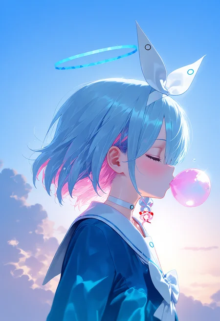masterpiece, best quality,
arona \(blue archive\), 1girl, solo, blush, short hair, shirt, long sleeves, holding, blue hair, upper body, closed eyes, pink hair, multicolored hair, hairband, choker, serafuku, sailor collar, halo, from side, profile, blue shirt, colored inner hair, white sailor collar, bubble, white hairband, white choker, bubble blowing, blue sky, cloud
<lora:dj_sloppa_ill_v2:1>