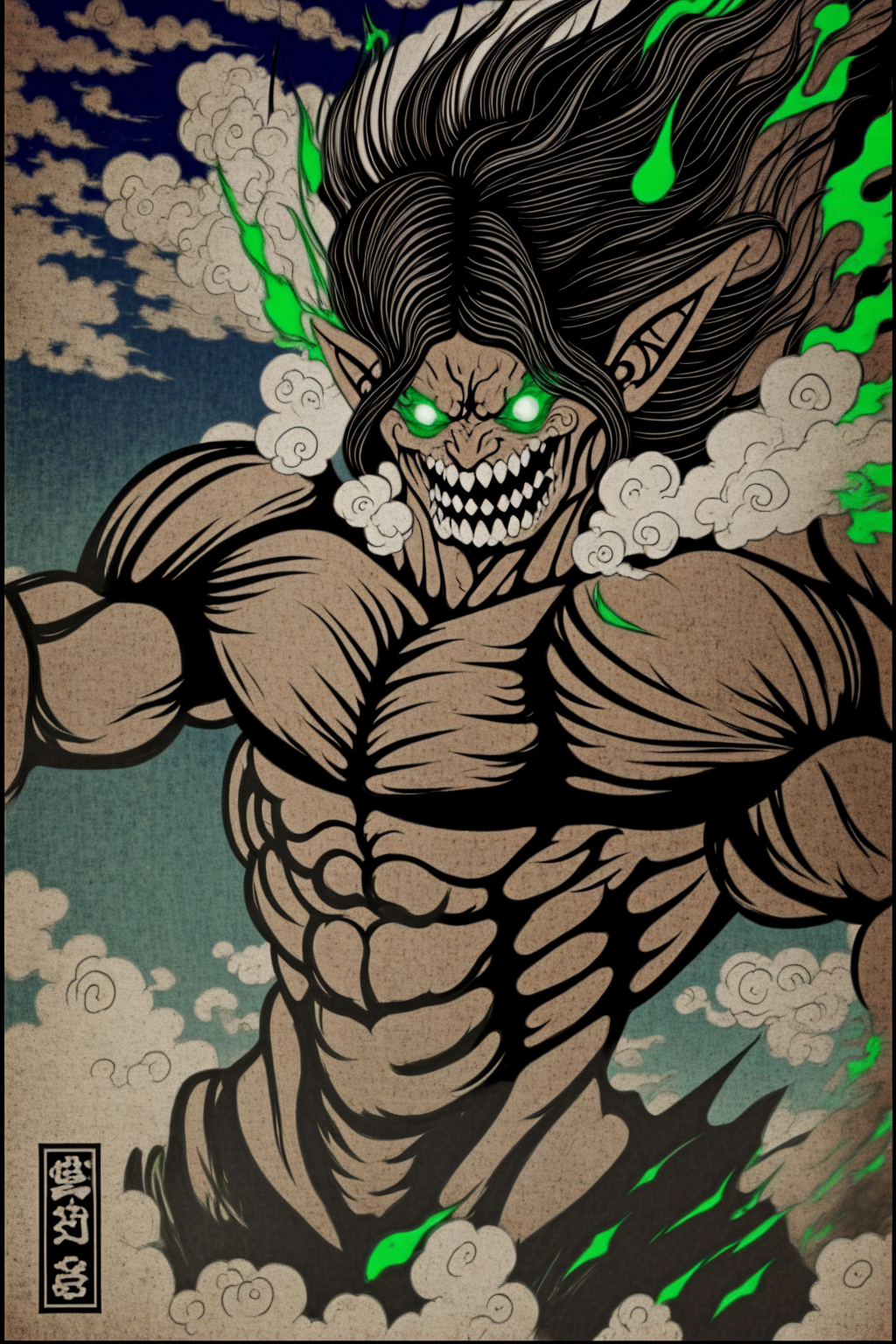 <lora:LCM_LoRA_Weights_SD15:1> <lora:Yomama_Edo_artstyle:0.8>, cloud, smoke,  <lora:Attack_Titan:0.7> Attack_titan, teeth, black hair, green eyes, glowing eyes, pointy ears, glowing, muscular, sharp teeth, brown hair, abs, giant, smoke,