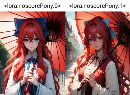 1girl, <lora:noscorePony:0>, blue eyes, bow, closed mouth, fingernails, hair between eyes, hair bow, holding, holding umbrella, long hair, long sleeves, looking at viewer, nail polish, red hair, solo, umbrella
