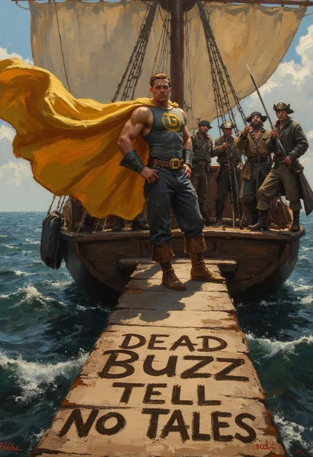 In this comical oil painting, BUZZ, the superhero with a golden cape adorned with a bold "B," stands dramatically at the end of a weathered wooden plank extending from an ancient pirate ship. The rich, textured brushstrokes capture the billowing of his cape, catching the wind, as he strikes a confident pose. His muscular frame is illuminated by the soft, warm light of the setting sun, casting long shadows across the creaking deck. Around him, the pirate crew, dressed in rugged, timeworn attire, point their swords menacingly at the hero, their faces painted with a mix of confusion and threat. The pirate ship, with its tattered sails and weather-beaten wood, is set against a turbulent sea, where dark waves crash below. At the bottom of the canvas, in bold, dramatic lettering, the phrase "DEAD BUZZ TELL NO TALES" is inscribed, adding an ironic, darkly humorous twist to the scene. The oil painting's use of rich colors and deep contrasts emphasizes the absurdity of the moment, blending humor with the grandeur of the pirate setting.