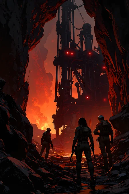 Deep in the molten core of a dying planet, a team of interstellar miners struggles to keep their massive drilling machine operational, their faces lit by the eerie glow of the surrounding lava. The cavern walls tremble as the planetâs unstable core begins to collapse, sending shockwaves through the jagged landscape. One miner, her face streaked with sweat and grime, slams her fist into the controls, desperate to stabilize the drill. The machineâs red warning lights flash in rhythm with the distant rumble of volcanic activity, while the air is thick with ash and the oppressive heat of the planetâs final moments. The scene captures the high-stakes intensity of a doomsday scenario, blending the claustrophobic tension of The Abyss with the raw, industrial grit of Aliens.<lora:Anime v1.3:1.2>