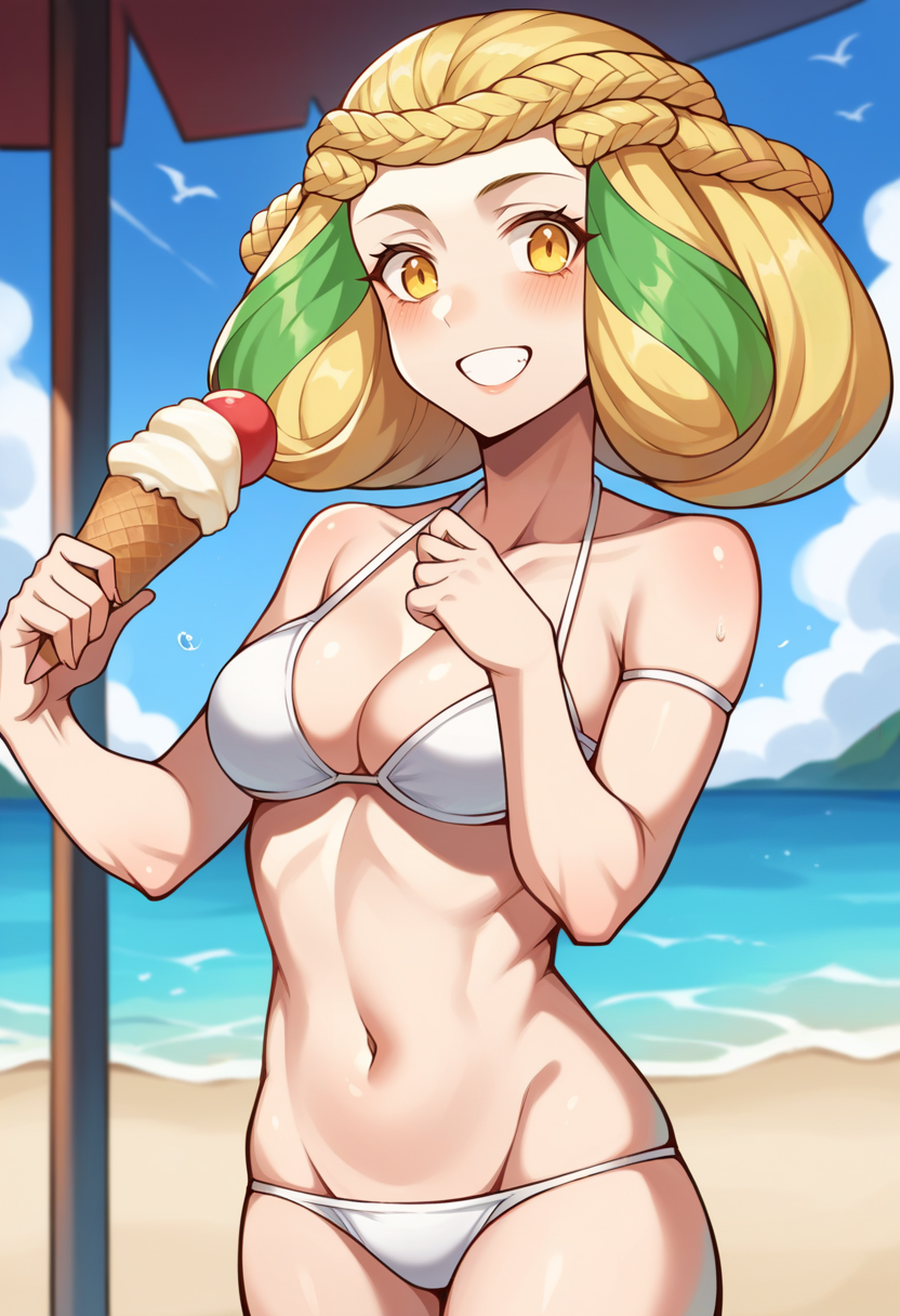 score_9, score_8_up, score_7_up, source_anime BREAK 1girl, solo,
<lora:zs_ClothoXL:1> clothosmt, blonde hair, multicolored hair, green hair, braid, 
beach, white bikini, blue sky, blush, smile, standing, holding ice cream