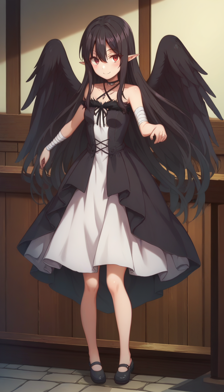 score_9,score_8_up,score_7_up,score_6_up BREAK official art,solo,outdoors,upper body,(portrait:1.5),looking at viewer,facing viewer,smile,blush,Eve,very long hair,black hair,shiny hair,hair intakes,pointy ears,sidelocks,hair between eyes,parted bangs,red eyes,jewelry,choker,necklace,bare shoulders,collarbone,halterneck,black coat,white dress,sleeveless dress,halter dress,strapless dress,criss-cross halter,black ribbon,fur trim,small breasts,bandaged arm,black wings,feathered wings,black feathers,bare legs,no socks,mary janes,black footwear,<lora:Eve(rh)-Pony:1.6>,