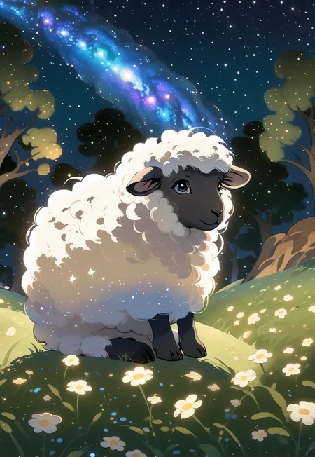 A small cute chibi sheep is sitting in a field at night. The milky way is visible in the sky and several stars are shining. The sheep’s fur is made up of cosmic swirls and stark color contrasts.  