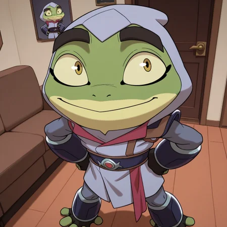 masterpiece, best quality, amazing quality, bu11fr0g, male, furry male, anthro, solo, frog, green skin, two-tone skin, yellow sclera, black pupils, eyelashes, nostrils, 4 toes, grey hood, red collar, grey robes, shoulder pad, red sash, blue belt, emblem, fingerless gloves, armguards, leg guards, standing, smile, hands on hips, indoors, living room