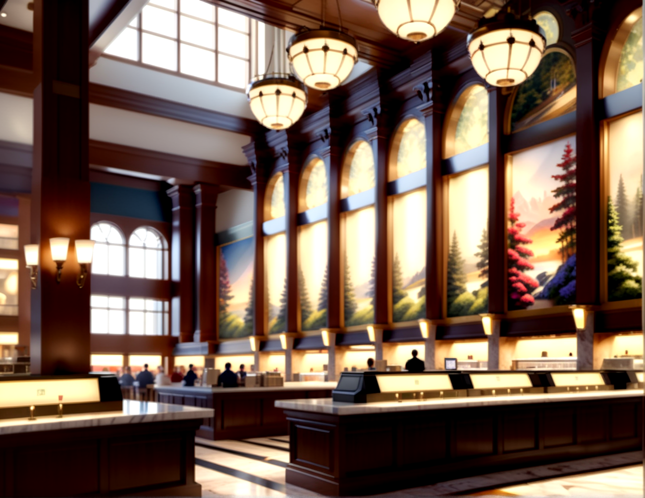 score_9, score_8_up, score_7_up,
<lora:Authoritarian_Interior_(Architecture)_(SDXL)_(AD):1> Authoritarian Interior, interior design, architecture, limestone, marble, wood, coffered ceiling, large windows, diner, restaurant, mall, 
8K, In'ei, chiaroscuro, volumetric lighting, perfect depth of field shot, 8K CGI render, beautiful, subsurface scattering, photographic realism, asymmetric viewpoint, off center perspective, art by Thomas Kinkade, 
BREAK zPDXL, zPDXLxxx,  <lora:wowifierXL:0.2> art by mooncryptowow <lora:sdxl_lightning_8step_lora:0.4> <lora:detailed_notrigger:0.5>