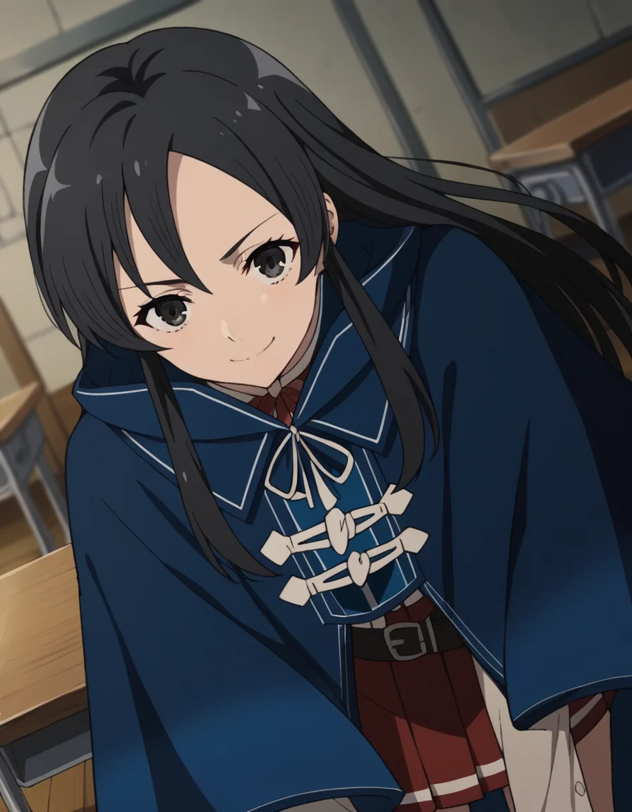 score_9, score_8_up, score_7_up, source_anime,
shizukananahoshi, <lora:shizuka-nanahoshi-s2-ponyxl-lora-nochekaiser:1>,
shizuka nanahoshi, long hair, black hair, black eyes, sidelocks,
skirt, long sleeves, pleated skirt, belt, cape, red skirt, blue cape,
indoors, classroom, bent over, smile,
solo, dutch angle, looking at viewer, cowboy shot,