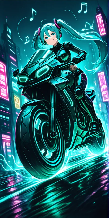 masterpiece, best quality,   AdFF, car, aqua theme, (music notes),   science fiction,   hatsune_miku, solo, 1girl, on motorcycle, speed lines, motion blur, city, fishnets, power armor, smirk, (foreshortening), dynamic angle,   <lora:AudioFileFuture_IXL_v1:1.0>,    motion blur, speed lines, foreshortening,