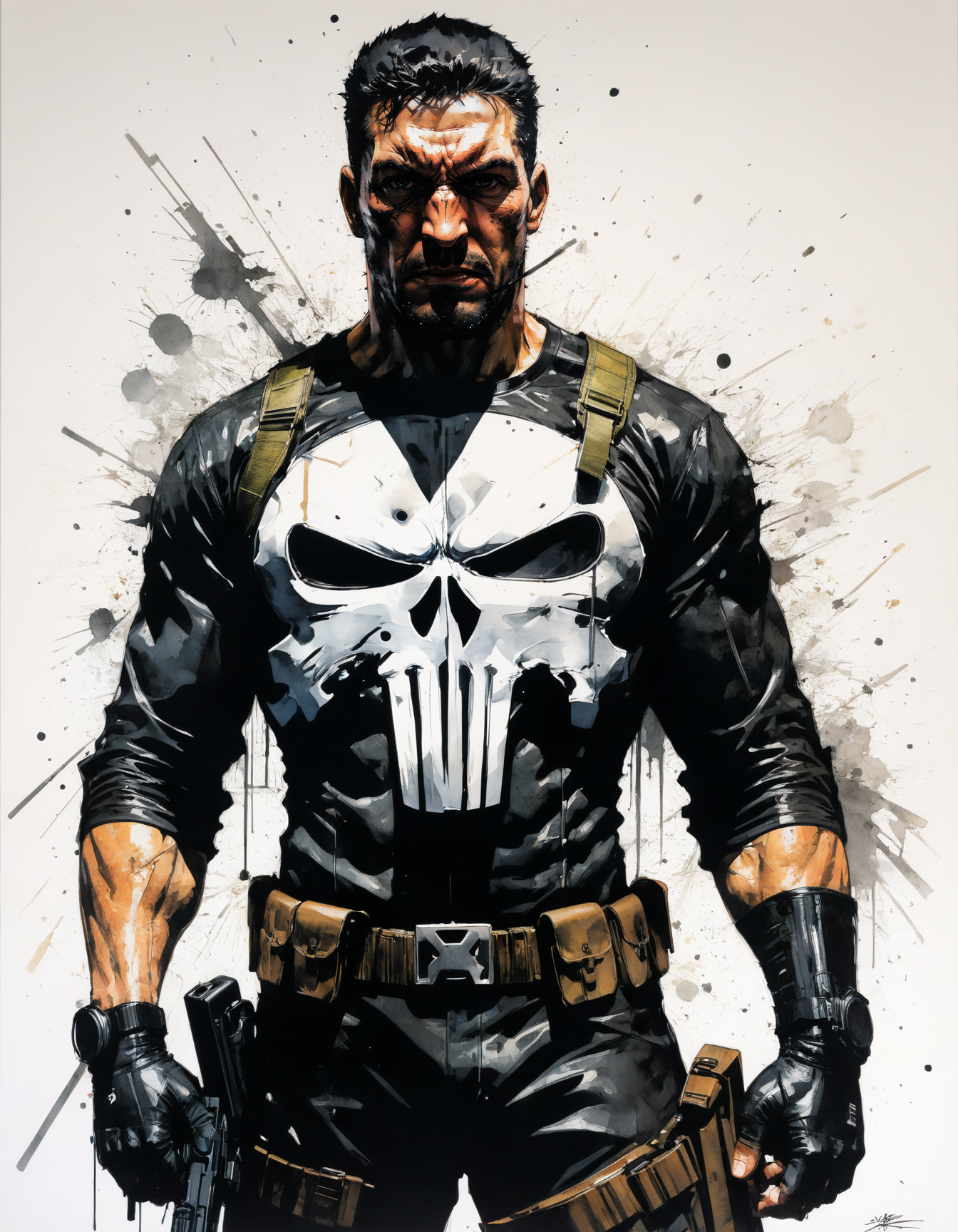 the punisher by Yoji Shinkawa, wide angle,  hyper detailed, anime poster art, bold lines, expressive drawing,  award winning, (intricate details, masterpiece, best quality:1.4),
looking at viewer, dynamic pose
<lora:add-detail-xl:1> <lora:xl_more_art-full_v1:0.5>  <lora:NicolaSamori:0.5> in the style of nicola samori <lora:looking_at_viewer:2>