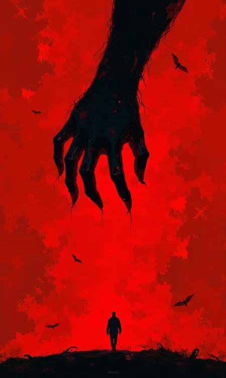 A dark, dramatic poster, likely for a film or movie. 
The central focus is a large, shadowy, clawed hand, reaching downward against a vibrant, blood-red sky. The hand is in sharp contrast with the intense color, appearing black and almost like a monstrous or demonic presence. 
Below the hand, a silhouetted figure of a person stands out against the same crimson background, walking toward the hand. The figure is small in scale compared to the overwhelming, monstrous hand. The figure is simple, a solid shape, and in silhouette, conveying a feeling of vulnerability.
The background is entirely red, lending an ominous and foreboding atmosphere. The red, textured vaguely, suggests maybe a stormy sky or other similar strong backdrop. The overall impression is one of a supernatural confrontation, dread, or a powerful allegorical story.
<lora:FLUX-daubrez-DB4RZ-v2:1> DB4RZ, DB4RZ style painting