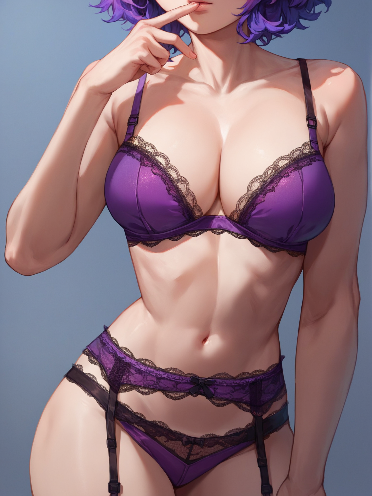 score_9, score_8_up, score_7_up, score_6_up, score_5_up, score_4_up, source_anime,
1girl, (two-tone lingerie) <lora:two_tone_lingerie-PD-1.0:1>, satin, lace trim, purple bra, head out of frame, finger to mouth, pose, large breasts, garter belt