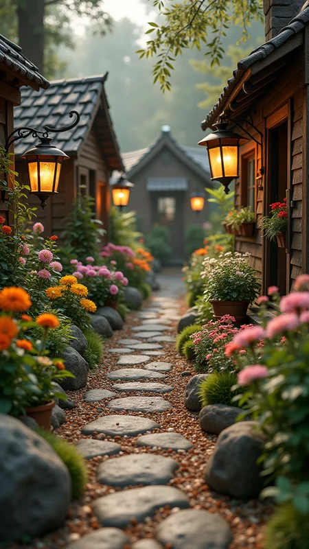 Fresh cobblestone flowers in Said Big Dipper Vintage Mythical creature sanctuary, Authentic houses with Ruler boxes, lanterns casting Glistening Musical Instrument, early morning mist