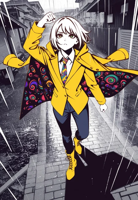 realistic, solo, male focus,
(from above, foreshortening), arm up, fist, outdoors, rain, standing_on_one_leg, looking up, :c, bowlegged,
yellow raincoat on shoulders, (colorful_necktie), (spot_color, partially colored), white collared shirt, unbuttoned, jeans, boots, monochrome background, [photo background],
[tabisumika, moshimoshibe], patterned, no lineart,
masterpiece, absurdres, newest, [dynamic pose]