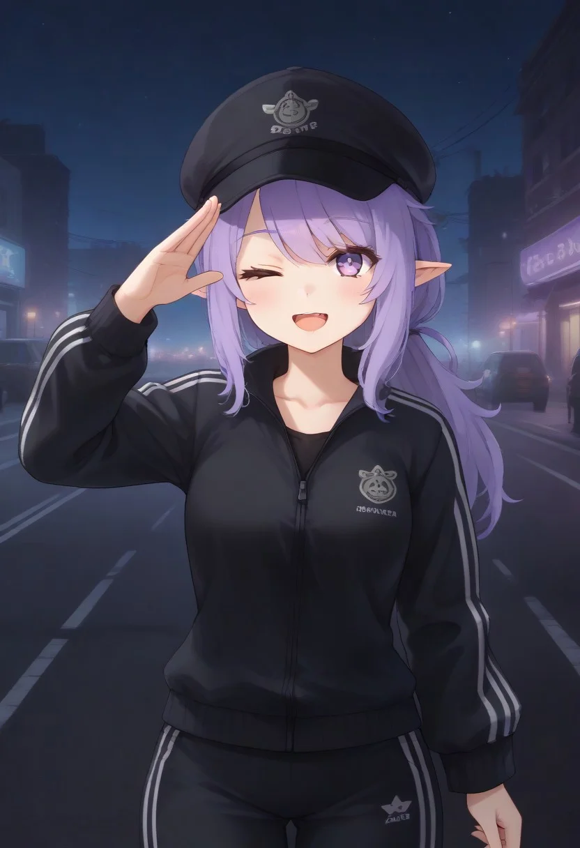 SleepyProject, track pants, track jacket, track suit, purple eyes, purple hair, ponytail, pointy ears, baseball cap, black jacket, black pants, ahoge, long sleeves,
looking at viewer, hand up, salute, open mouth, smile, one eye closed,
street, lamppost, city, neon lights, dark, night, night sky,
1girl, solo, solo focus, highres, absurdres, light particles, backlighting, shade, lens flare, shiny skin, fine fabric emphasis,