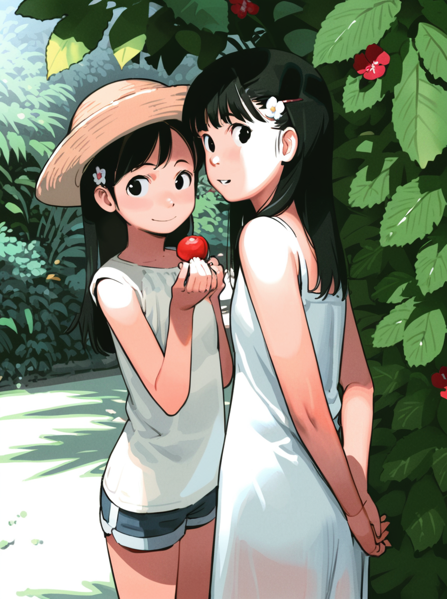 masterpiece, best quality, <lora:comiclo-xl-a3.1:1>,multiple girls, 2girls, hat, black hair, long hair, smile, dress, black eyes, hair ornament, shorts, leaf, hairclip, arms behind back, straw hat, tree, flower, looking at viewer, sun hat, holding, shirt, food, sundress, white dress, t-shirt, fruit, sleeveless, bug, child