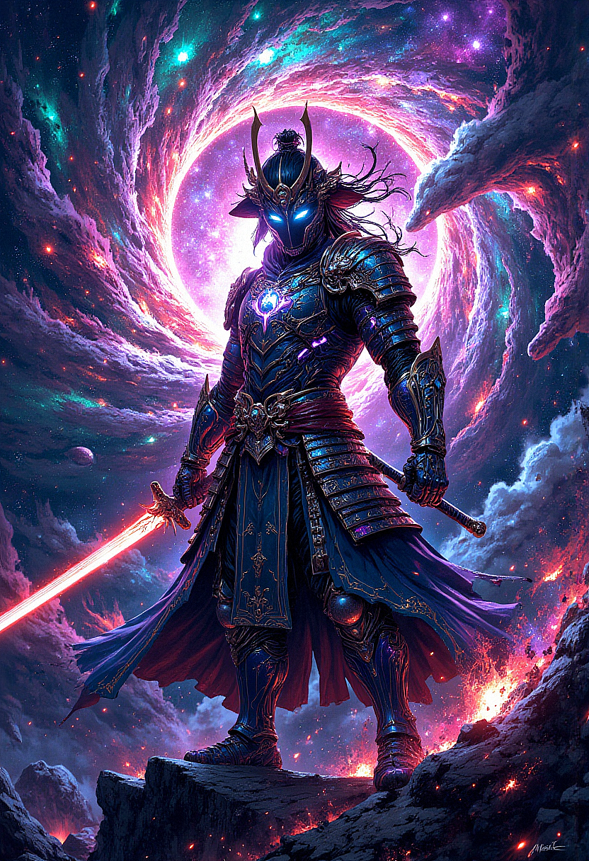 A futuristic samurai with glowing holographic armor, standing on the edge of a collapsing star. His sword, made of pure light, cuts through the surrounding energy waves. Behind him, galaxies swirl in a massive spiral, their colors shifting between neon purple, green, and blue. His eyes glow with the intensity of a thousand suns as he prepares to battle a cosmic entity in the heart of a supernova.    <lora:FluxMythP0rtr4itStyle:0.8> MythP0rt,  <lora:aidmaImageUpgrader-FLUX-V0.1:0.33> detailmaximizer, <lora:aidmaMJ6.1-FLUX-V0.1:0.6> midjourneyv6.1,
