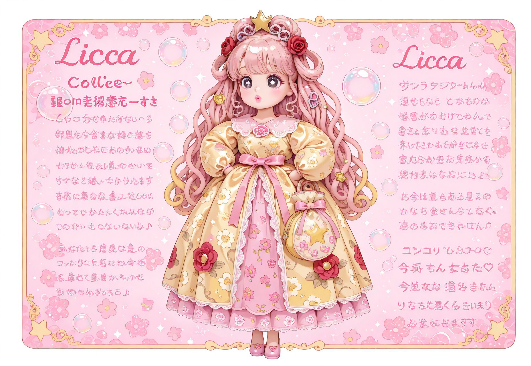((fullbody)) 1girl, solo, ((Licca-chan : 1.2)), moe, kawaii, cute, doll, doll joints, big black eyes, detailed lips, makeup, hands on hips, holding, holding purse, fashion, ((doll_clothes)), (princess), yellow gown, ((yellow ornate floral print puffy gown with ribbons and rococo lace trim)), accessories, hair ornaments, too many hair ornaments, simple background, print background, pastel background, (pastel pink floral patterned background), colorful floral print background, red roses, bubbles, text, text captions, ((Japanese text)), wide shot, pastel colors, hearts, star (symbol), music notes, sparkles, glitter