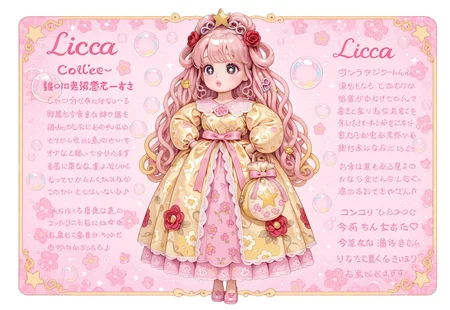 ((fullbody)) 1girl, solo, ((Licca-chan : 1.2)), moe, kawaii, cute, doll, doll joints, big black eyes, detailed lips, makeup, hands on hips, holding, holding purse, fashion, ((doll_clothes)), (princess), yellow gown, ((yellow ornate floral print puffy gown with ribbons and rococo lace trim)), accessories, hair ornaments, too many hair ornaments, simple background, print background, pastel background, (pastel pink floral patterned background), colorful floral print background, red roses, bubbles, text, text captions, ((Japanese text)), wide shot, pastel colors, hearts, star (symbol), music notes, sparkles, glitter
