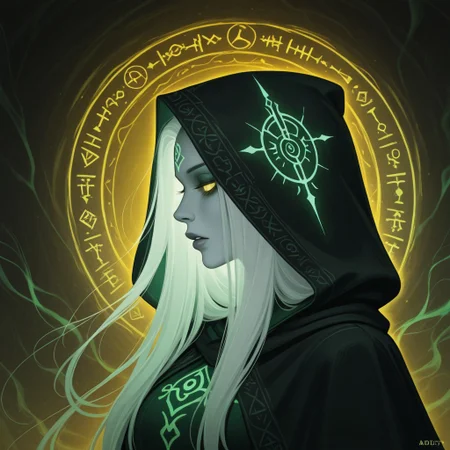 embedding:lazympos, A digital artwork portraying a profile view of a Female Necromancer with a serene yet eerie expression. She wears a hooded black cloak, intricately embroidered with glowing necromantic green runes and necrotic symbols. The background is a textured, golden-yellow hue, contrasting the dark, shadowy silhouette of the necromancer. Her makeup is subtle yet haunting, with pale, ghostly skin and eyes and lips accented by a faint, ethereal purple glow. The artwork blends dark fantasy and realism, with intricate necromantic green patterns adding an arcane elegance. The background is uniform in color. The silhouette is dark and foreboding. The cloak is hooded, with faint wisps of dark energy trailing from it. 1girl, solo, long_hair, white_hair, upper_body, parted_lips, artist_name, hood, from_side, lips, eyelashes, profile, makeup, half-closed_eyes, glowing_eyes, eyeshadow, hood_up, nose, spectral_aura, necrotic_runes