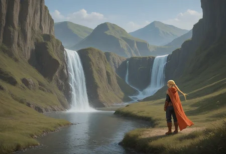 fft_style, xfrazettax, Oilpaintingbrushstrokes, a woman standing on a grassy hill, looking over a stream with a waterfall in the distance