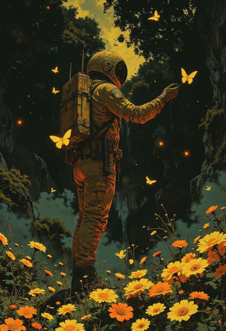 an astronaut standing sideways on with his head raised. Small bright yellow butterflies flutter above it, it stands on an unknown planet, but with very contra vegetation, beautiful flowers