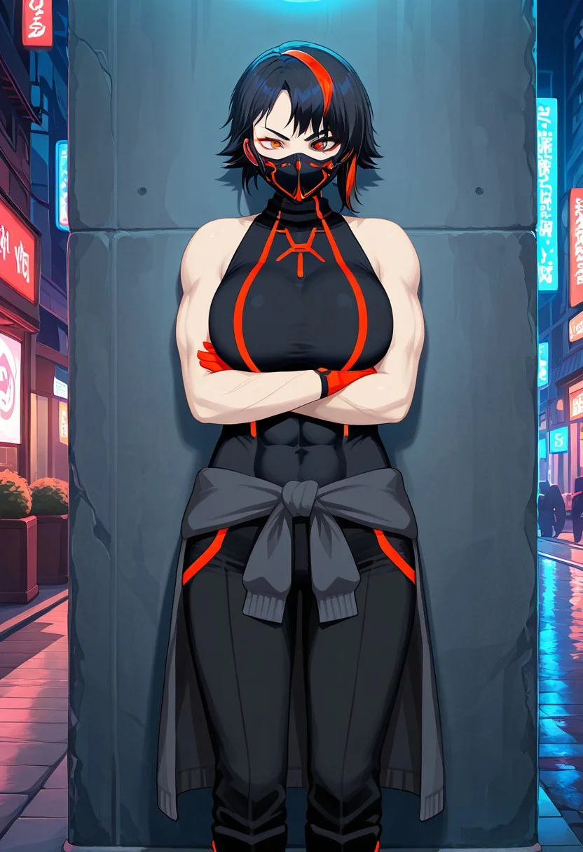 high resolution, gorgeous, absurdres, best quality, anime screencap, source_anime, (shiki (psychedelic g2)), official art, 1girl, Eve, black hair, short hair, black hair, multicolored hair, streaked hair, mismatched eyes, orange eyes, cybernetic eye, red eye, facial scar, eye shadow, muscular, well toned, abs, biceps, large breasts, black shirt, black pants, red shoes, red gloves, red linings, tied sweater, face mask, outdoors, cyberpunk, street, angry, crossed arms, leaning against wall, solo